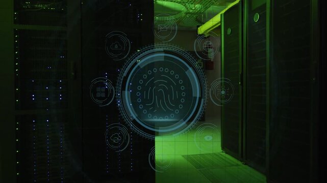 DATA PROTECTION text appearing, 3D HUD forming, scanning fingerprint and securing server racks