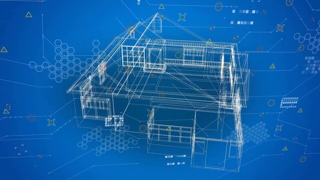 On scene load, 3D house model rotating, morphing wireframe into shaded render to showcase design