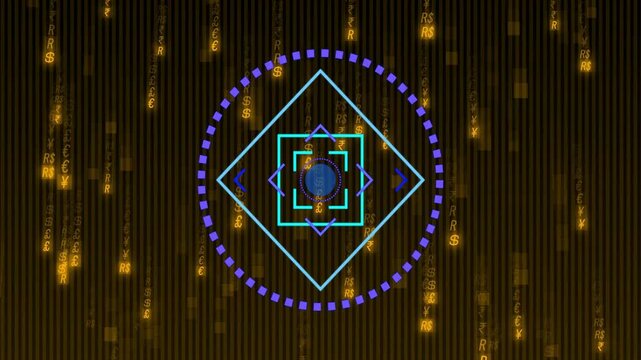 Glyph rain starting at top, falling past central emblem pulsing and rotating to show data flow