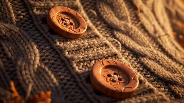 Fall Cozy Fashion knitwear with beautiful wooden buttons, a warm and inviting texture, captured in golden hour light with a shallow depth of field, perfect for autumn comfort.