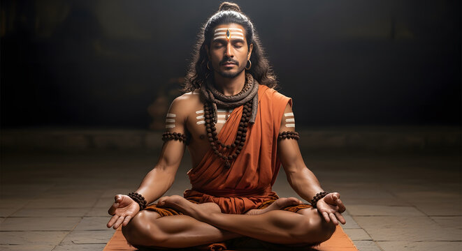 Man in traditional ascetic robes meditating in lotus position on