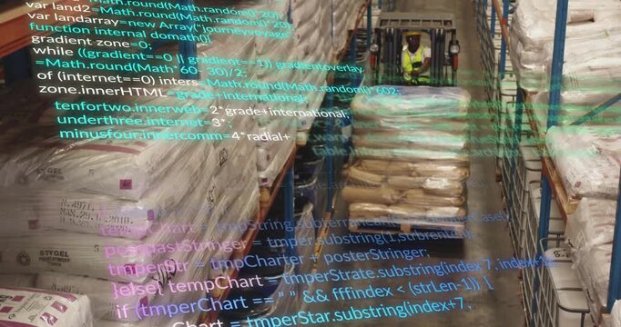 Forklift operator engaging controls, driving pallet through warehouse lane with code tagging stock
