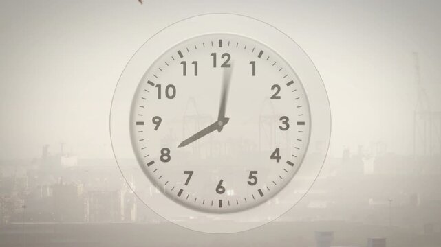 Central analog clock starting blurred, hour and minute hands sweeping, showing time passing