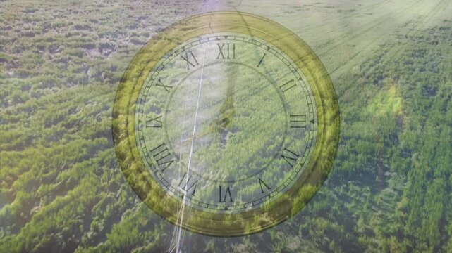 Antique clock overlaying fields, hands rotating as crops shifting and sky changing, indicating time