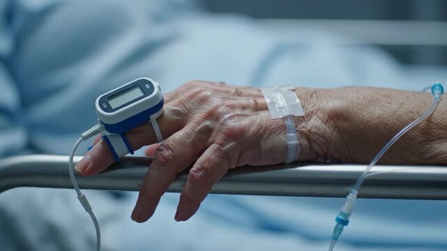 Close up of elderly patients hand with pulse oximeter in hospital bed.
