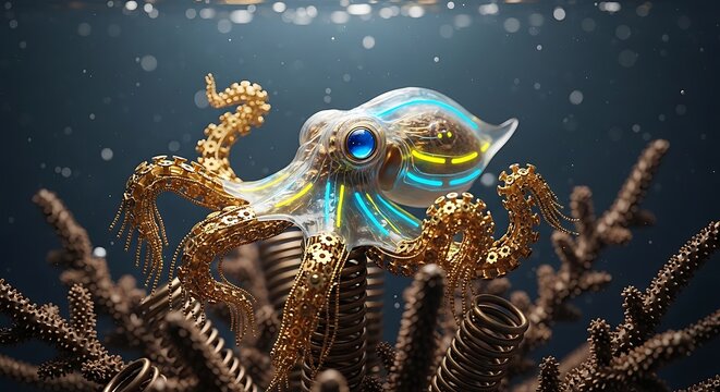Clockpunk Octopus in Mechanical Coral &mdash; Luxury Surreal Macro Stock Photo
