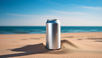 Obraz premium A Metallic Silver Beverage Can Half Covered By Beach Sand Calm Seaside Background Minimal Style