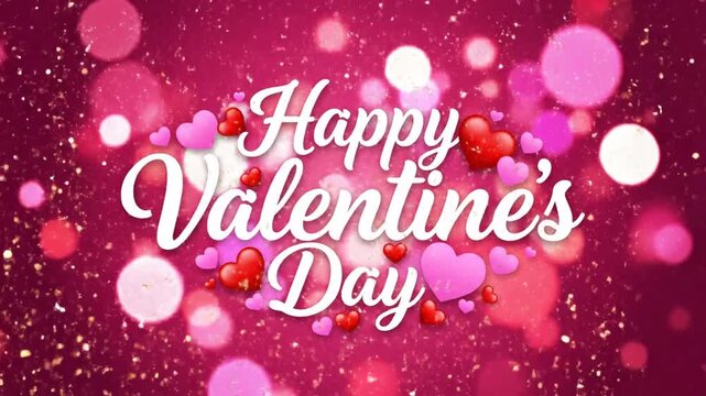 Romantic greeting with "Happy Valentine's Day" in white cursive against a bokeh pink background