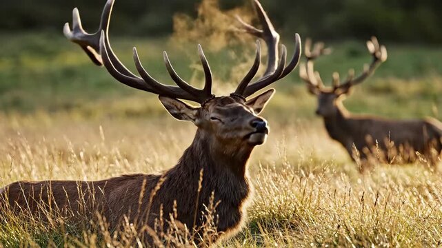 Majestic wildlife moment of a powerful red deer stag roaring with breath steam in golden grass, perfect for nature documentaries or conservation projects.