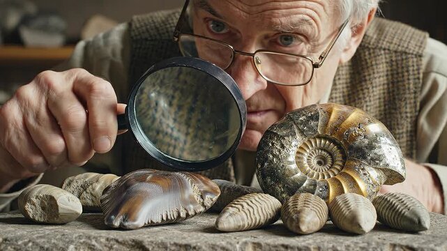 Elderly paleontologist examines ancient fossils with a magnifying glass.