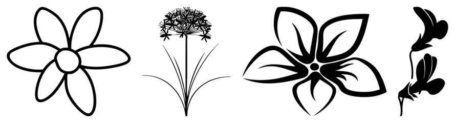Abstract flower shapes rendered in clean black, minimalist botanical illustrations, decorative motifs, graphic design elements, isolated vector flowers.