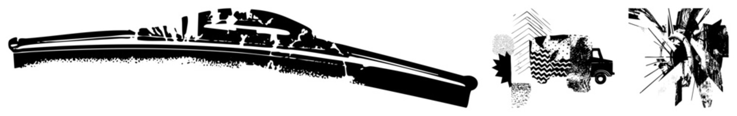 Stylized vector illustration of windshield wiper, truck silhouette, and explosive burst, rendered in high contrast black and white with textured and halftone effects.