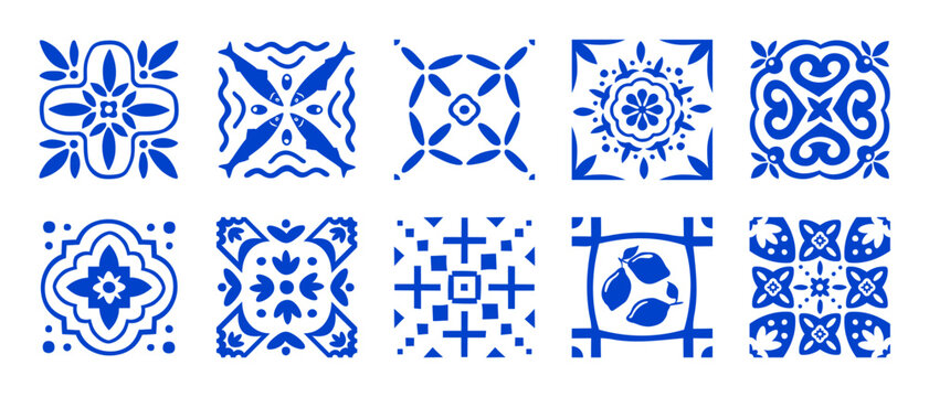 Mediterranean ceramic tile pattern with blue Amalfi lemons and white mosaic ornaments. Seamless Italian design with traditional Sicilian fruit, summer sun icons, and vintage Positano aesthetic.