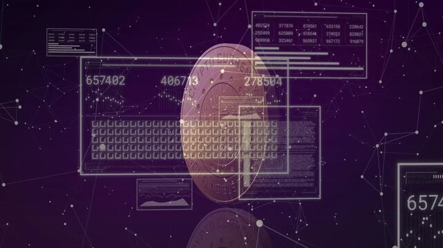 Data pulse sparking 3D crypto coin rotating panels sliding and numbers updating showing market data