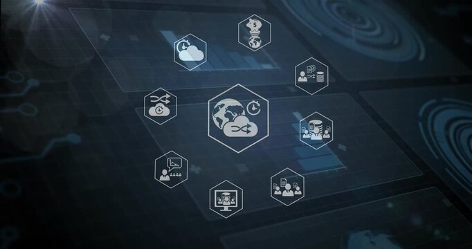 Camera pulling back, centering on center hexagon, radial icons emerging and showing cloud services
