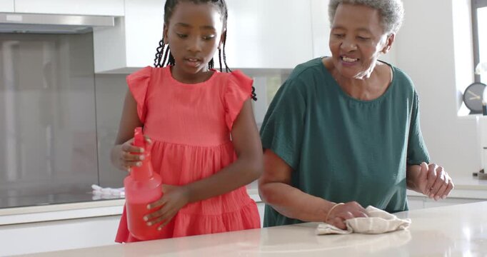 African American female senior placing rag, guiding youth holding bottle, wiping counter in kitchen