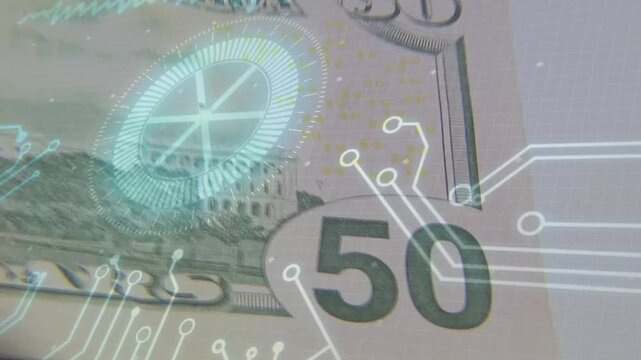 Blurred crop sparking camera shifting, 50 note holding and revealing turquoise mark for inspection