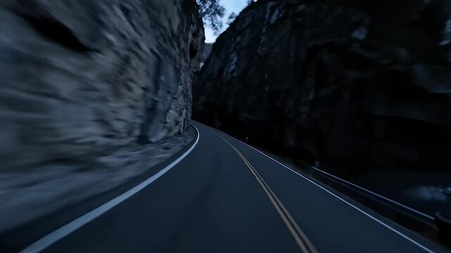 Driving through a dramatic mountain pass with steep, dark cliffs and a winding road