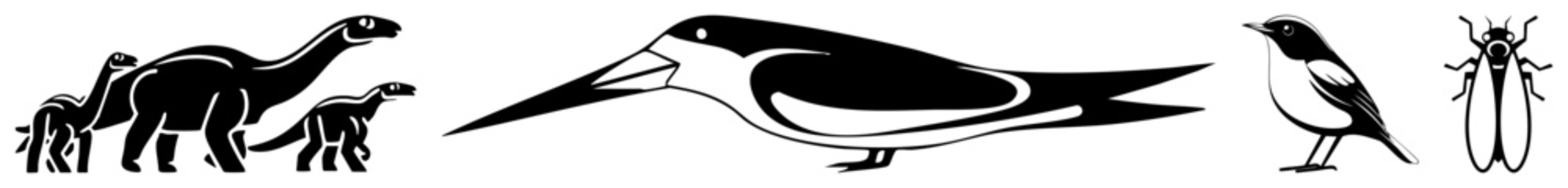 Stylized black silhouette of dinosaurs, tern bird, warbler, and fly, flat vector design, isolated foreground, no background, graphic illustration.