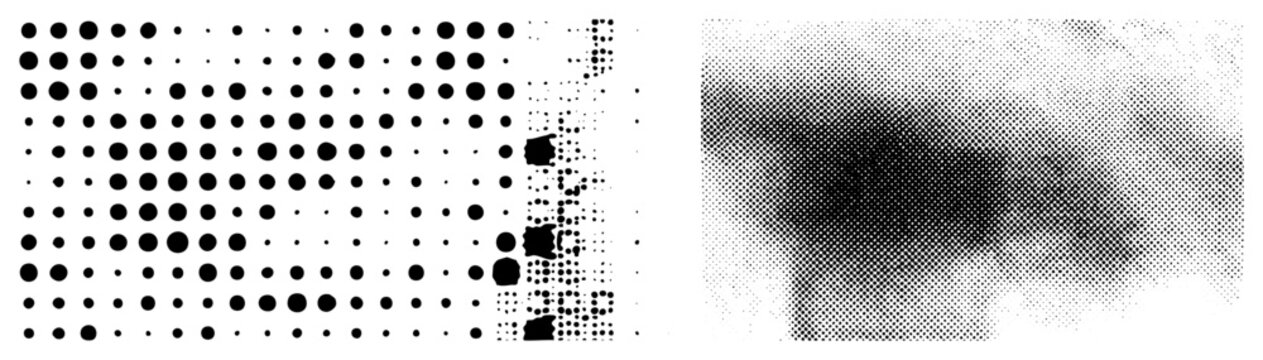 Black halftone dots forming structured grid fading into abstract noise, vector graphic, print design element, typographic texture, digital art.
