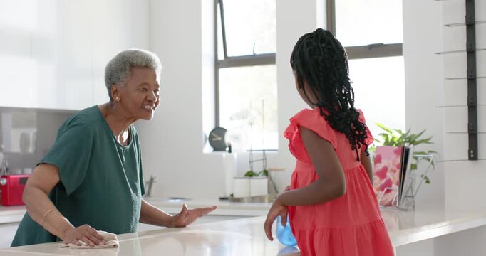 African Senior woman guiding Youth girl offering blue spray bottle while wiping island with cloth