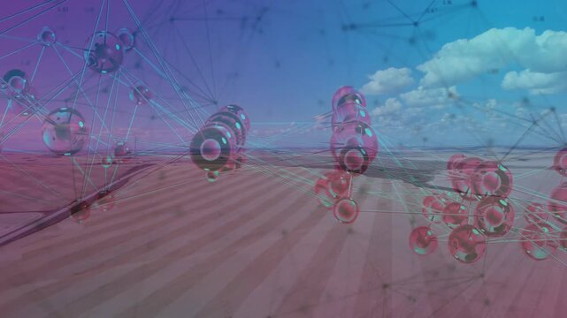 On start network hovering rotating right while ring orbs aligning drifting over sand revealing mesh