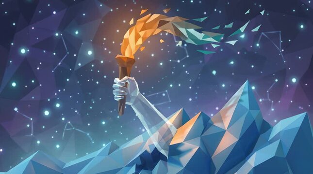 Low Poly Mountain Peak Silhouette Holding a Torch Against a Starry Night Sky in Blue Tones