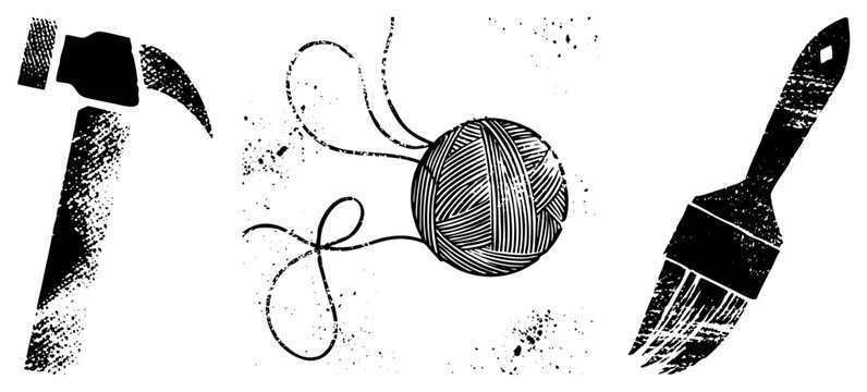 Artistic black and white vector of hammer, yarn skein, and paintbrush with halftone texture, ideal for creative projects, DIY, and design workflows.