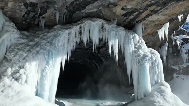 A cave entrance with massive, translucent ice formations in the foreground