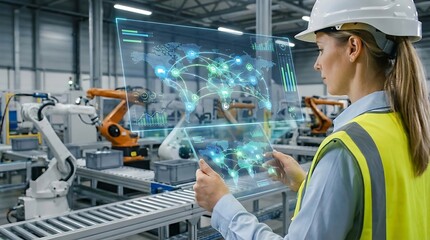 Fototapeta premium A woman in a white hard hat and yellow safety vest interacts with a virtual interface in a modern industrial setting with robotic machinery.