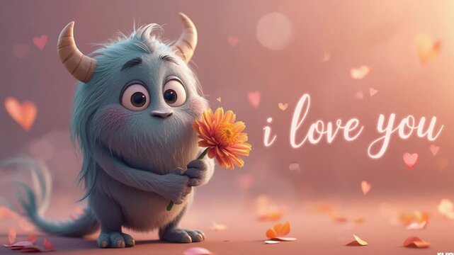 Cute Cartoon Monster Holding Flower for Valentine&rsquo;s Day Love Message