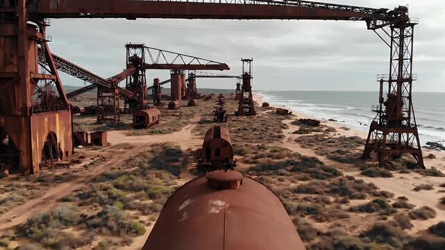 Rusty industrial ruins line a desolate coast under a hazy sky
