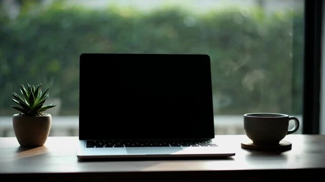 Laptop computer with blank screen on wooden desk beside coffee cup and succulent plant near window, minimal workspace setup in natural light, concept of remote work, productivity and morning routine 