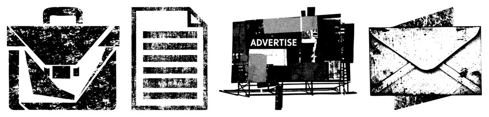 Obraz premium Retro styled business symbols with distressed texture, including briefcase, document, billboard, and envelope, ideal for marketing or corporate design.