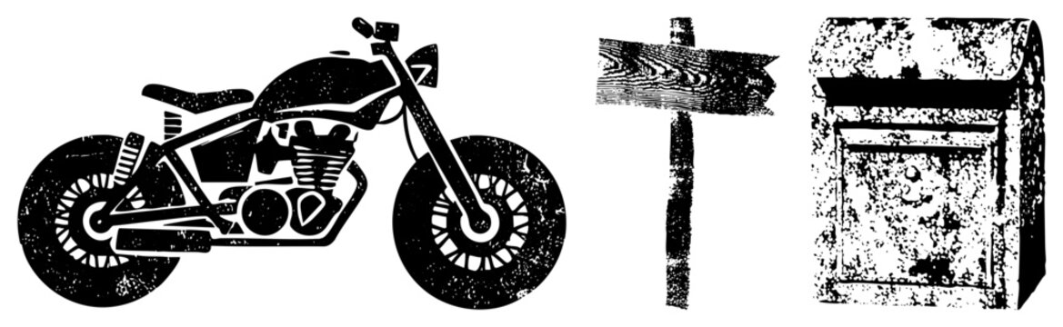 Classic chopper motorcycle, rustic wooden sign, aged mailbox, vector, distressed texture, urban roadside elements, black and white graphic.