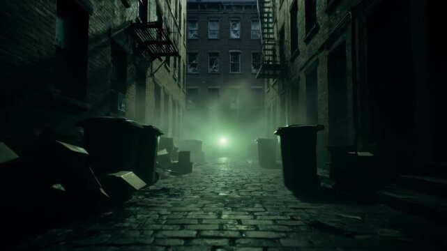 Dolly Shot of Sinister Urban Alleyway Illuminated by Eerie Green Light