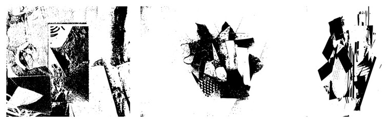Obraz premium Fragmented black and white forms with halftone texture, abstract composition, graphic design elements, vector art, modernist aesthetic, isolated shapes, stylized abstraction.