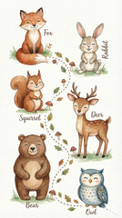 Naklejka premium Watercolor Woodland Forest Animals Set for Kids. Cute Characters of Fox, Rabbit, Squirrel, Deer, Bear and Owl on Autumn Path with Mushrooms. Educational Nature Poster for Nursery Wall Art and Preschoo