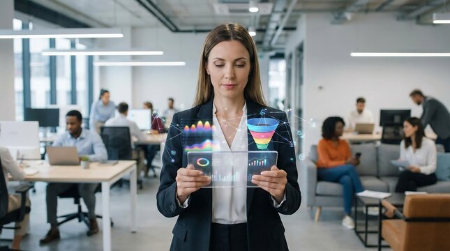 A professional young woman standing in a modern office holding various credit cards with a blurred background of colleagues working at desks.