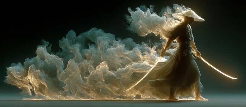 A Warrior Figure in Motion, Surrounded by Ethereal Smoke