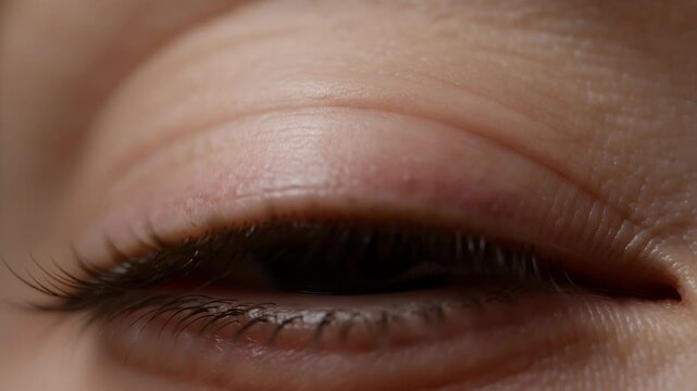 Close-up of a woman's eye with long eyelashes and brown iris - 4K Video