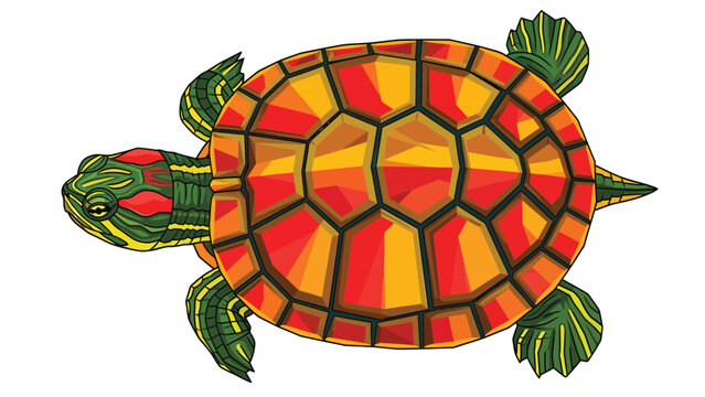 Colorful Illustrated Turtle with Red and Orange Shell Pattern, Top View