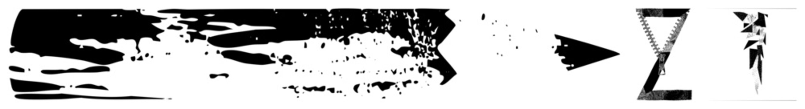 Dynamic ink explosion morphs into stylized zipper and abstract glyph forms, vector art with distressed texture, graphic design element, modern typography.