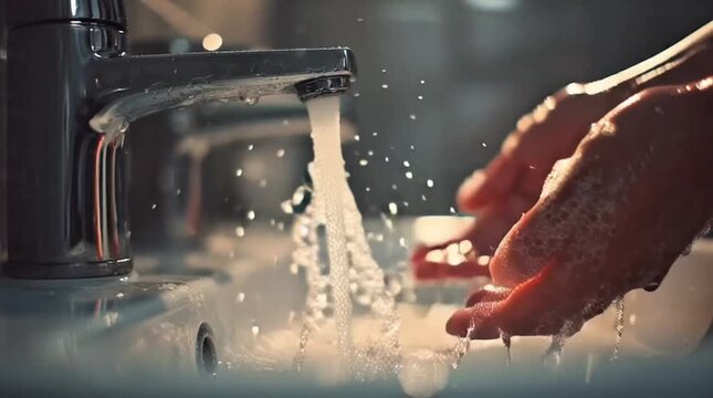 Close-up of hands being washed with soap and running water from a faucet, emphasizing essential personal hygiene for health, cleanliness, and germ prevention