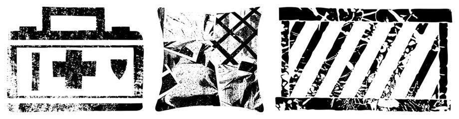 Obraz premium Black and white vector first aid kit, textured pillow, diagonal barrier. Stylized, halftone, distressed graphic design. Medical, comfort, safety symbols.