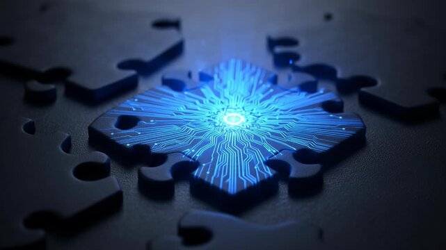 Cinematic close-up of glowing puzzle piece revealing integrated AI circuit.
