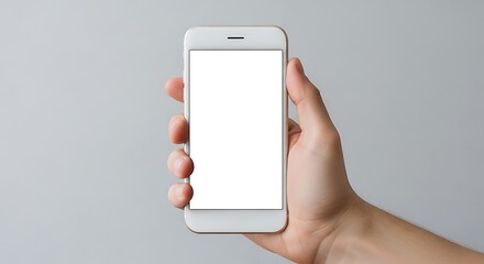 A person holding a smartphone with a blank screen against a neutral background