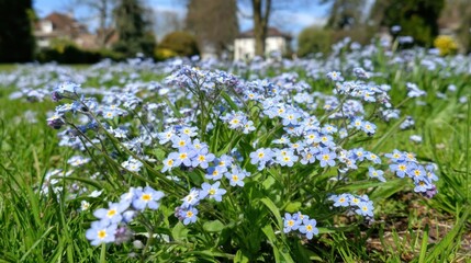 Fototapeta premium A field of tiny blue forgetmenots blooming in sunlight
