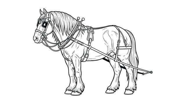 Detailed line art illustration of a draft horse wearing a full harness, ready for farm work or pulling