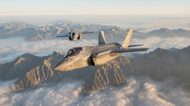 Two Gray Military Jet Planes Flying Over Mountains and Clouds Against Blue Sky in Daytime